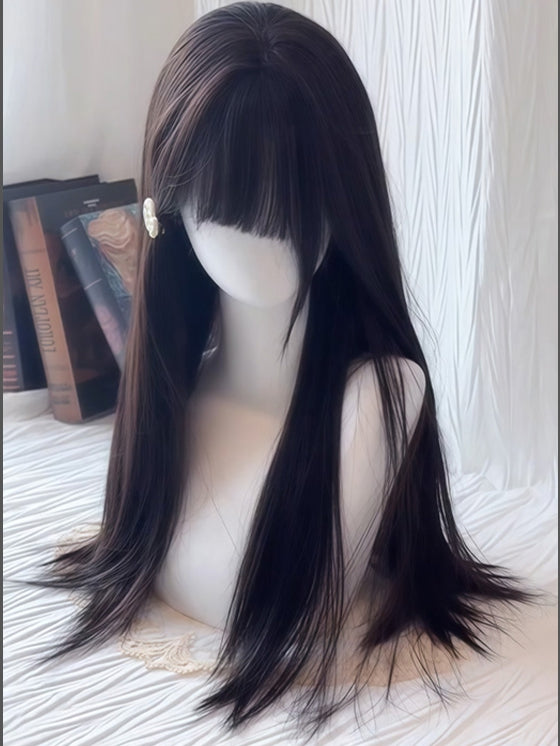 60 cm schwarze Perücke, gerade Länge, mit Pony, Air