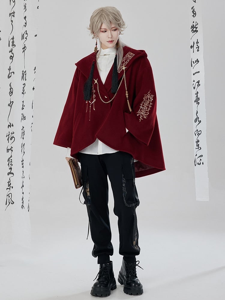 赤い新年の衣装の詳細 ユニセックスフード付きケープコート