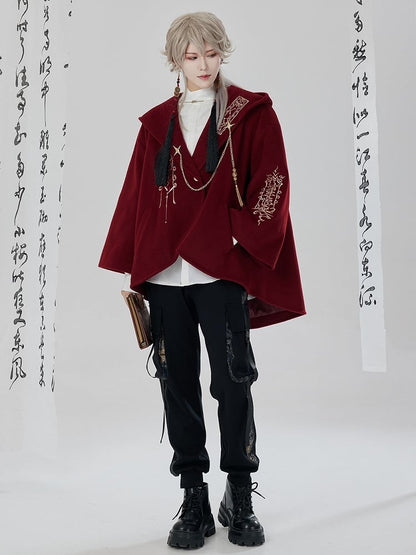 赤い新年の衣装の詳細 ユニセックスフード付きケープコート