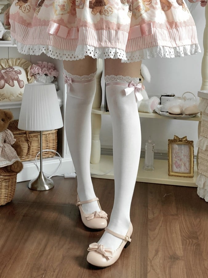 Satin Bowknot Lace Trim Black/Pink Stockings