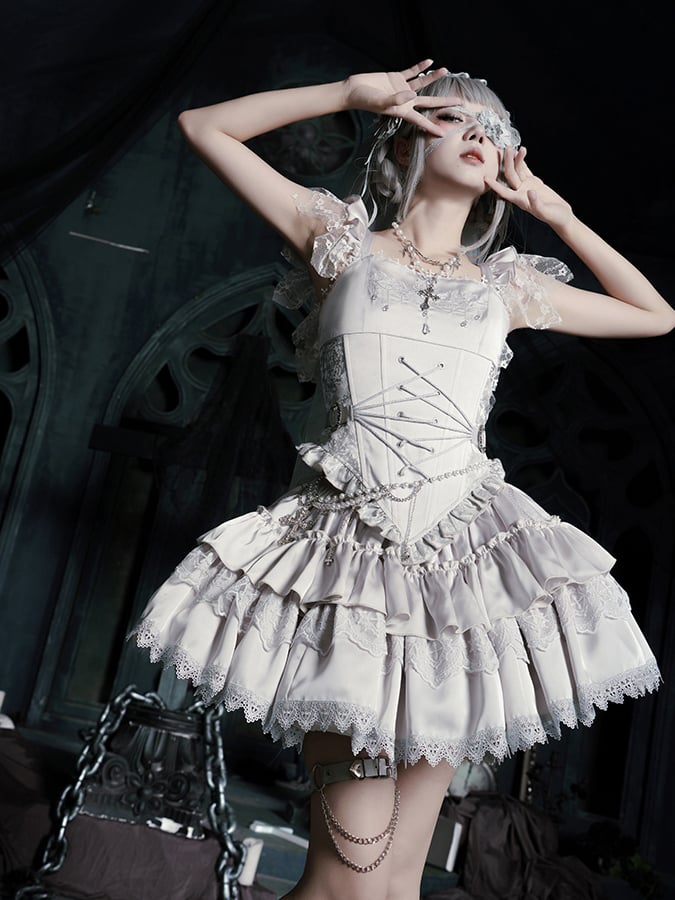 Skirt Set Short Veil Waist Corset - Silver Full Head Necklace Chain Lolita + Gothic Embroidered Top