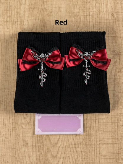 Jirai Kei Black&Red Metal SnakeEmbellished Bowknot Details Overknee Stockings