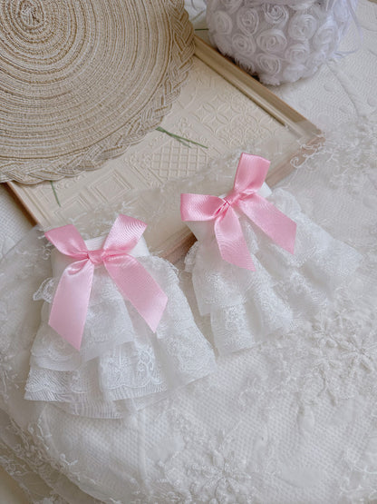 Pink/White/Black Bow Wrist Three-layered Cuffs Lace