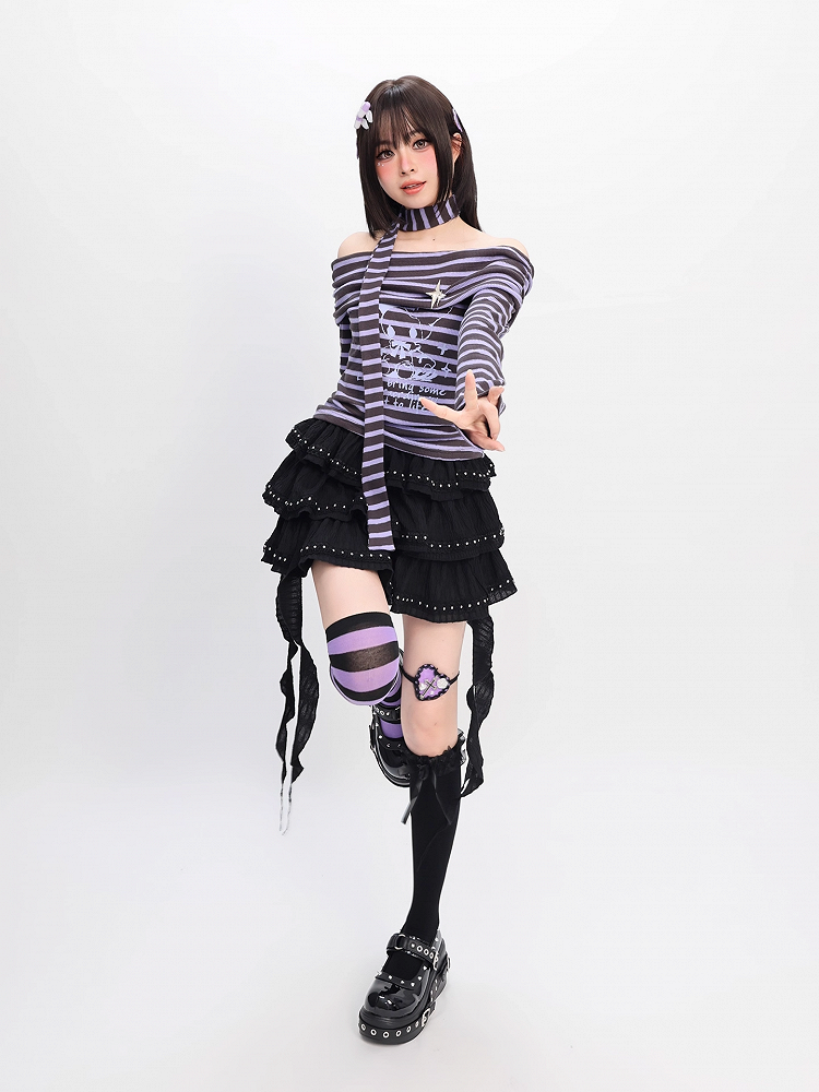 Neckline Striped Top Off-the-shoulder with Free Gray and Y2K Purple Scarf