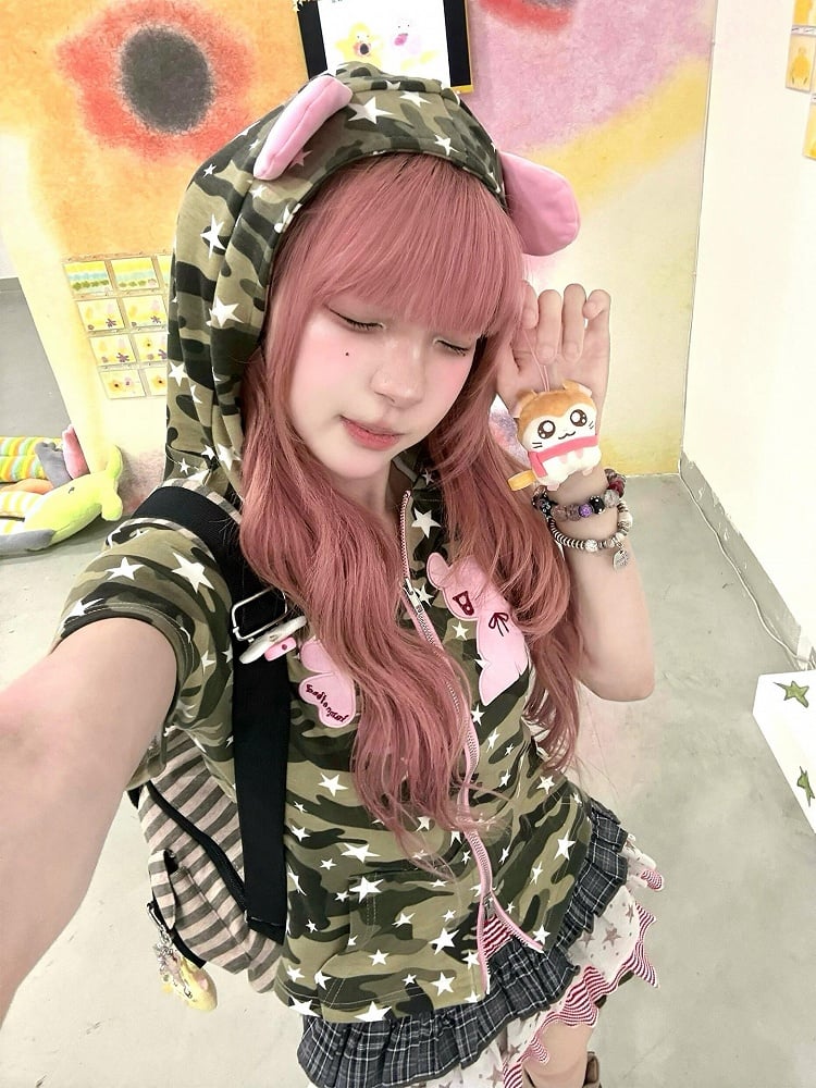 Bear Zip-Up Subculture with Ears Hood Camouflage T-shirt