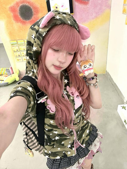 Bear Zip-Up Subculture with Ears Hood Camouflage T-shirt