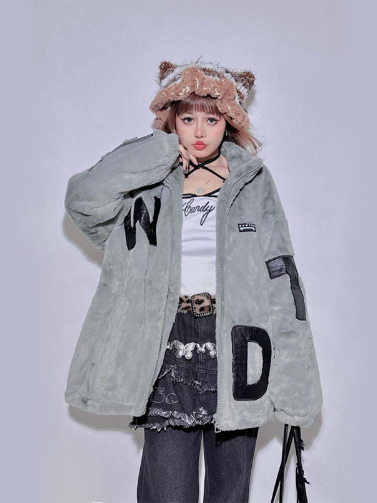 Gray Letter Appliques Baggy Long Sleeves Plush Coat