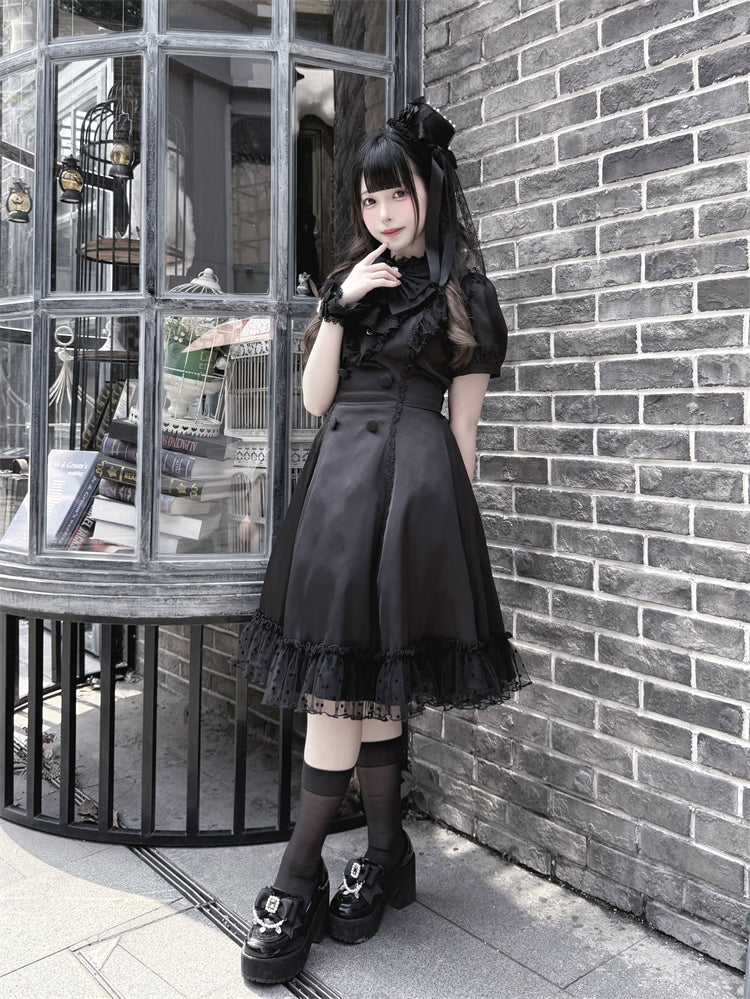 Back Bow Tie Black Ruffled Lace Trim Self-tie + Jirai Kei Chiffon Dress