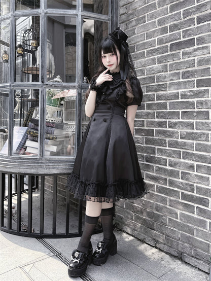 Back Bow Tie Black Ruffled Lace Trim Self-tie + Jirai Kei Chiffon Dress