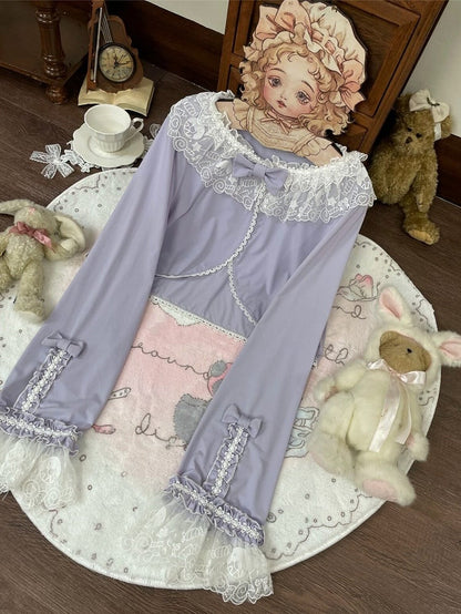 Long-Sleeve Lolita Top in 8 Colors with Lace Trim - Star Fantasy