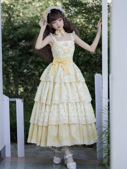 Lily and Cherry Print Yellow Natural Kei Lolita Tiered Dress - With PUJI
