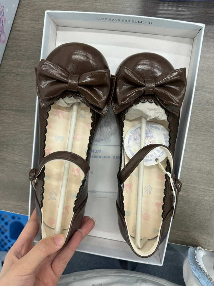 Sweet Lolita Round Closure Shoes Brown Heeled 3cm Mary with Jane Toe Circle Snap