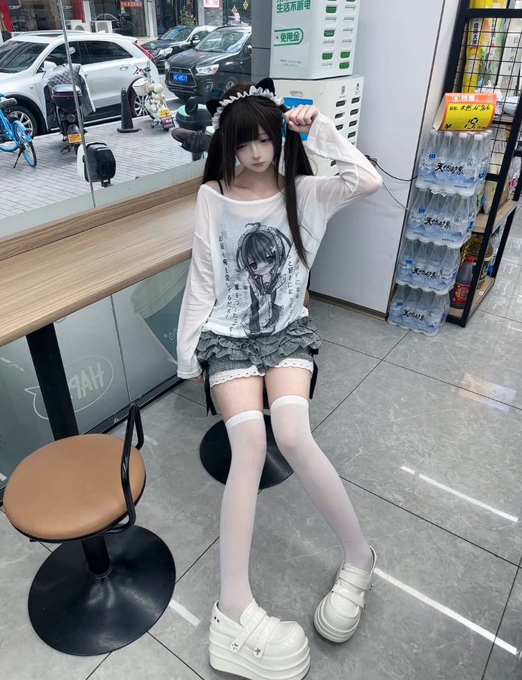 Print Semi-Sheer Cartoon Top White with Loose