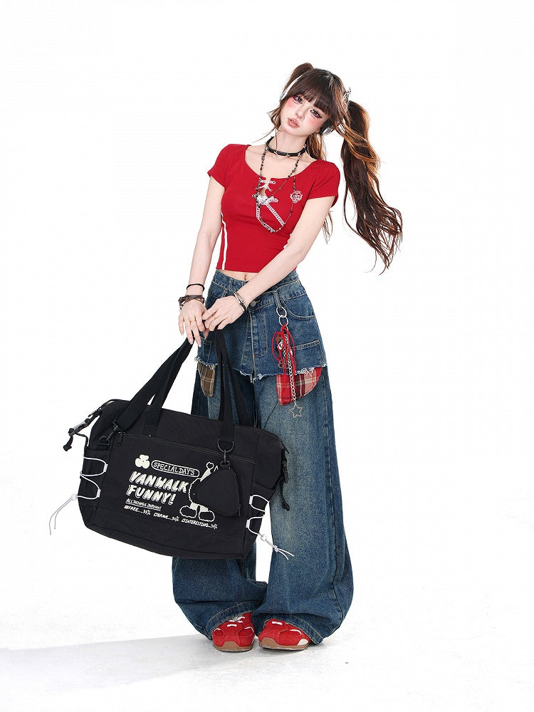 Red/Black Round Neck Glamorous T-shirt with Lace-up Detail at Front