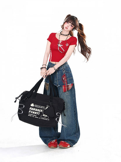 Red/Black Round Neck Glamorous T-shirt with Lace-up Detail at Front