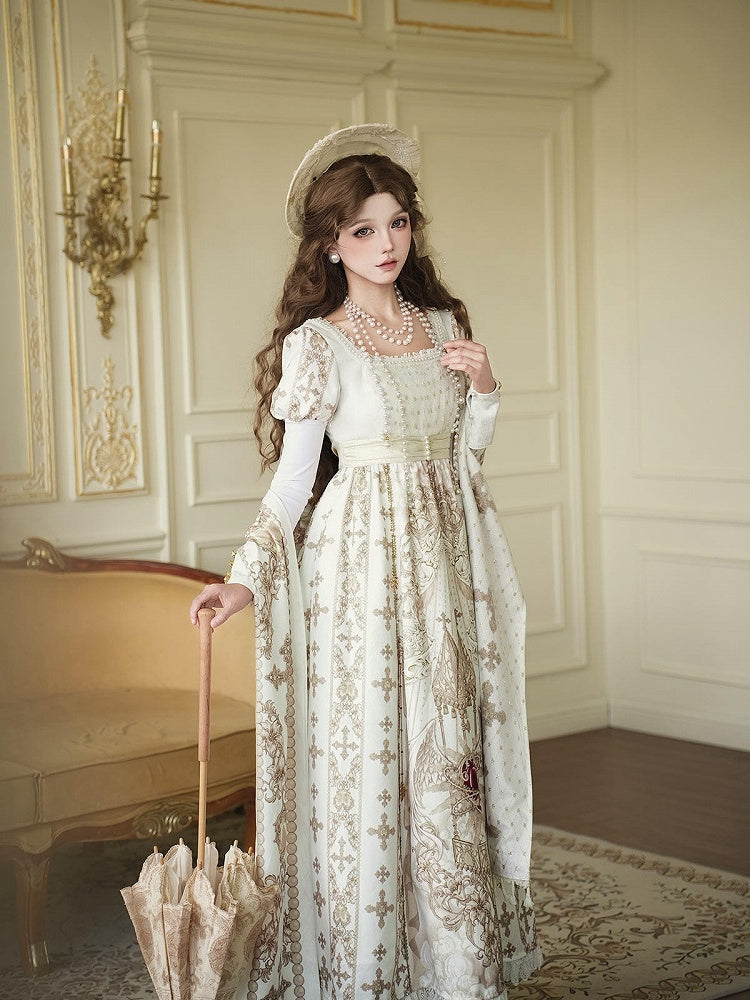 Gold Cross Gothic Lolita Empire Dress with Detachable Sleeves - Unknown Star