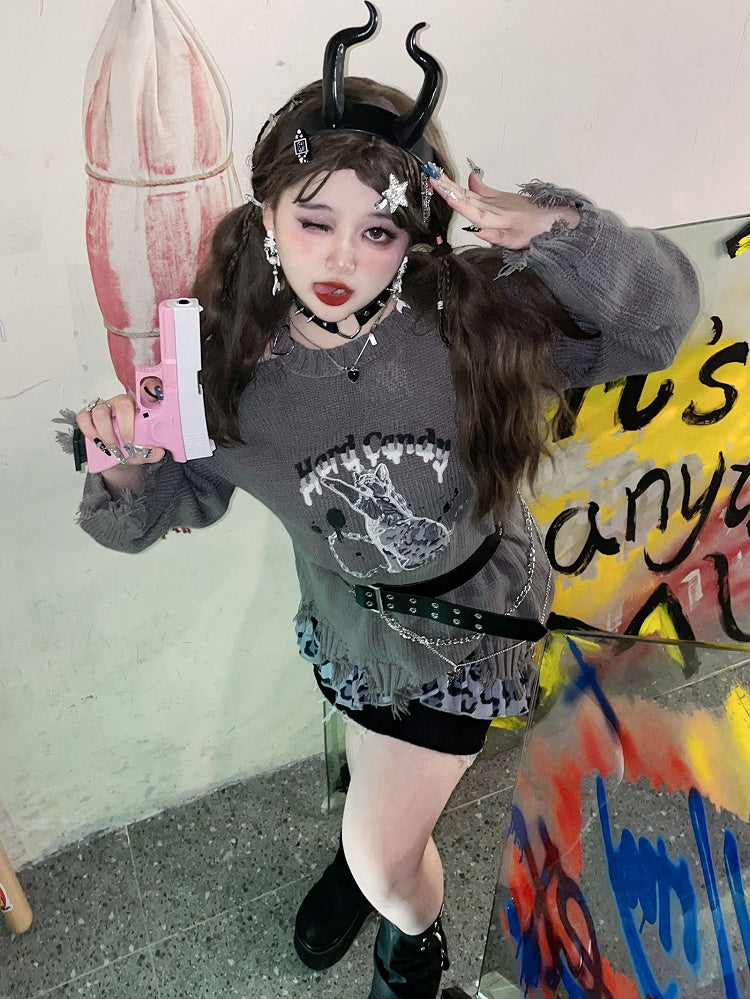 Graue Größe Kitty Plus Pullover Löcher Distressed