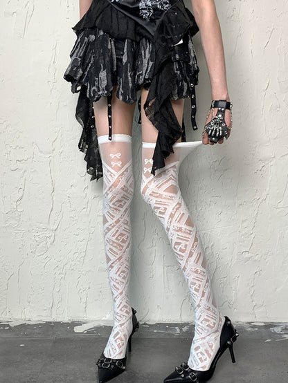 White Details Stockings Overknee Y2K Bowknot