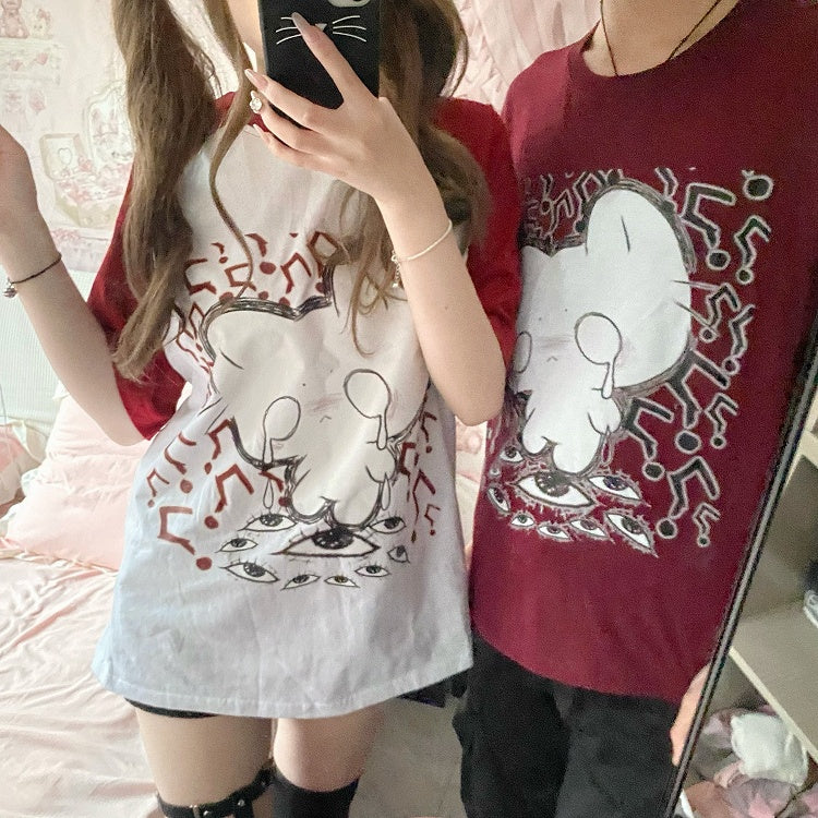 Cotton White Cat Print T-shirt Crying Colorblock Red Design Crewneck with