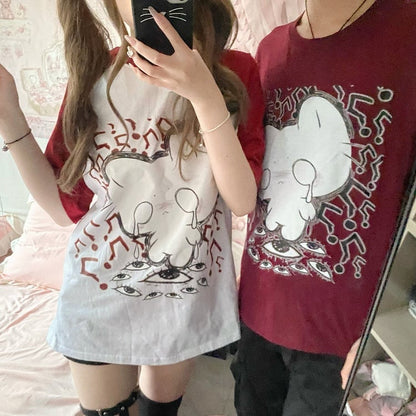 T-shirt Crew Print with Neck Wine Crying Red Cotton Kitten