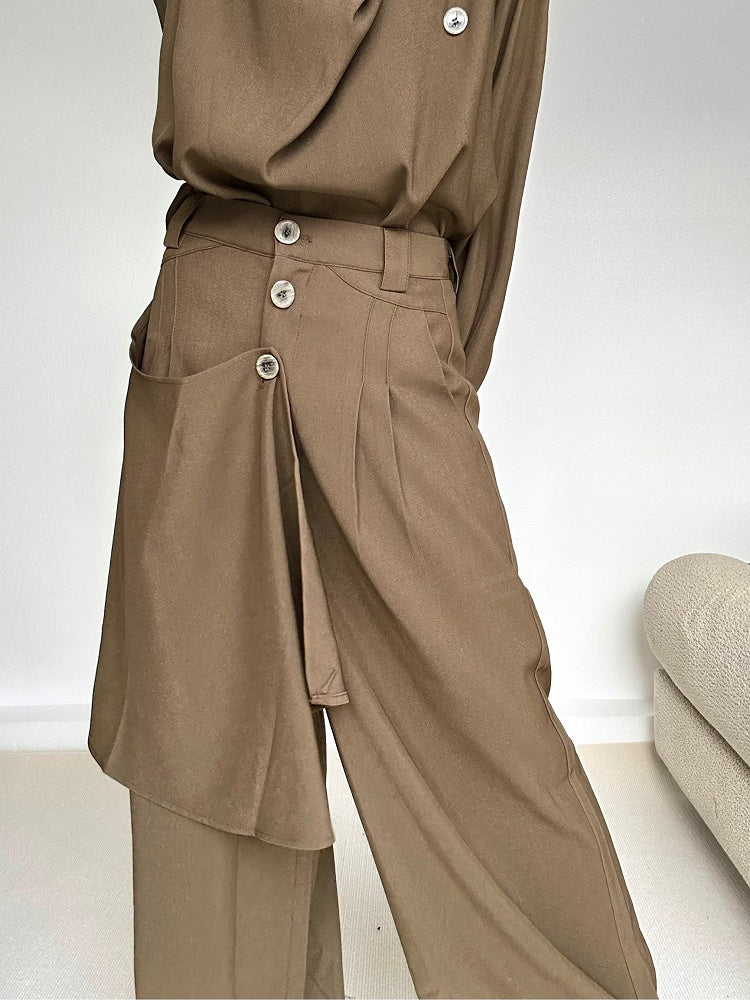 High-Waisted Three-Button Pants Ouji Cut Fly Lolita Wide-Leg Panel Draped Coffee with