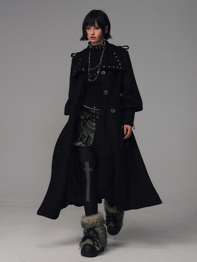 Sleeves - Black Asymmetrical A-Silhouette Button Balloon Coat Closure