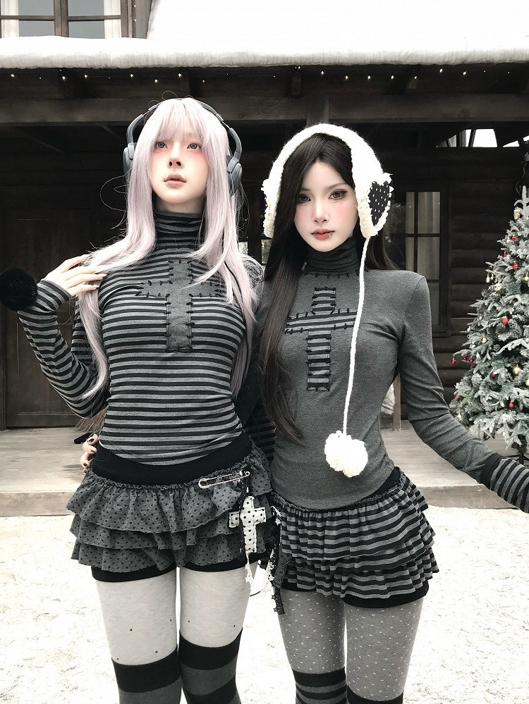 Long Sleeve Cuff Gothic Top Detachable Neck High - Pompon Decor