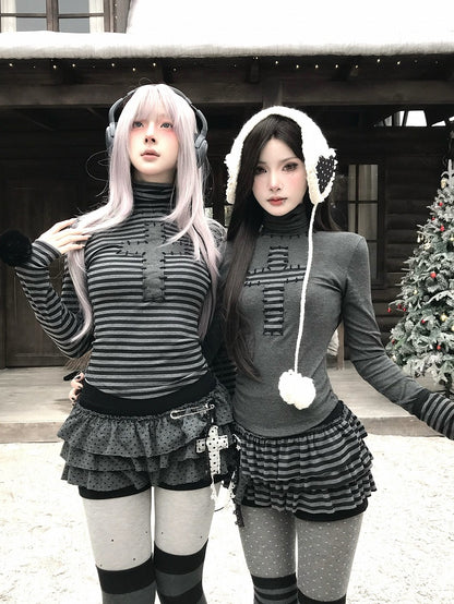 Long Sleeve Cuff Gothic Top Detachable Neck High - Pompon Decor