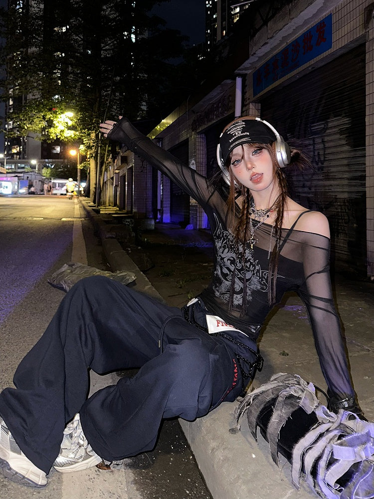 Klein Blue Wide-Leg Pants with Lettered Pocket Flaps and Foldover Waistband