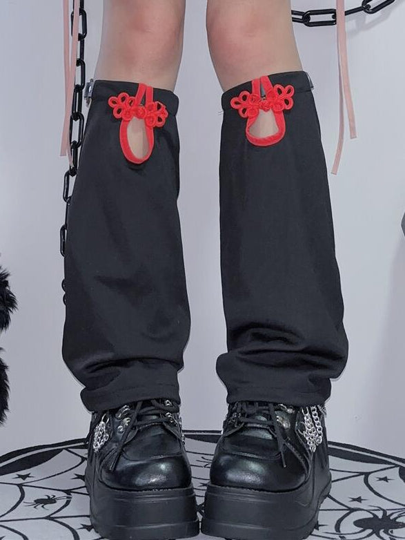 Y2K Beinwärmer SchwarzRot Knotenknopf Cheongsam Stil