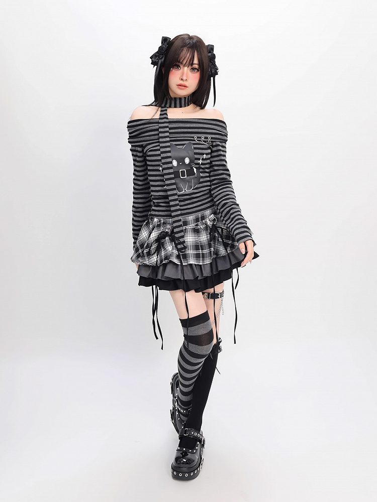 Gray Striped Top Neckline Black and Scarf with Bittersweet Kitten Print Off-the-shoulder