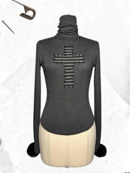 Long Sleeve Cuff Gothic Top Detachable Neck High - Pompon Decor