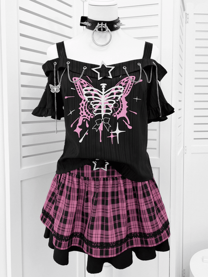 Embellished Neckline Butterfly Print T-shirt with Pink Plaid Y2K Chains Skirt Set Black