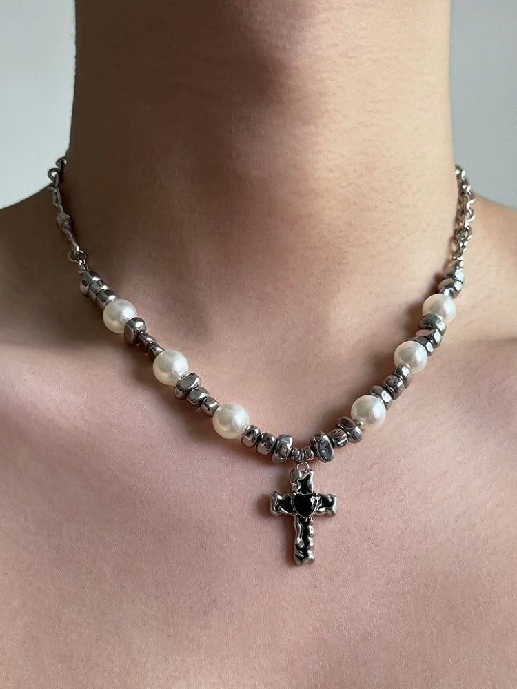 Silver Cross Pearl Pendant Necklace - YSHXS