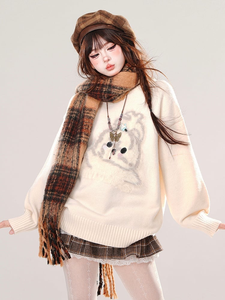 ミルクイエロー/ブラック/レッドのキュートな子犬柄のゆったりセーター