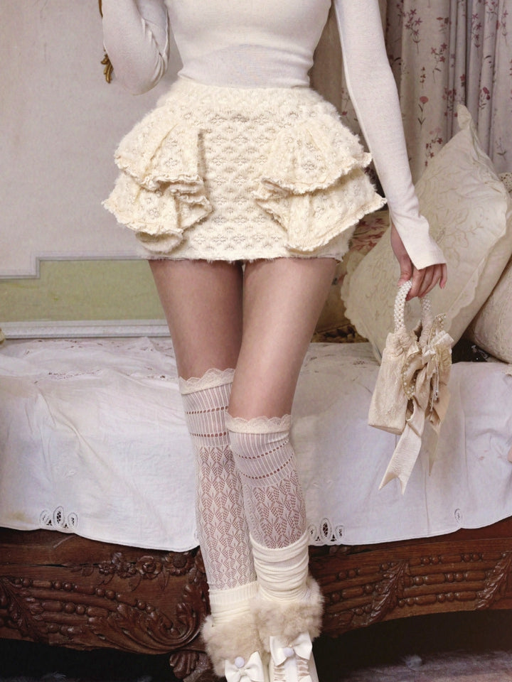 with Built-in Lace White Fuzzy Shorts Mini Knitted Skirt Cream