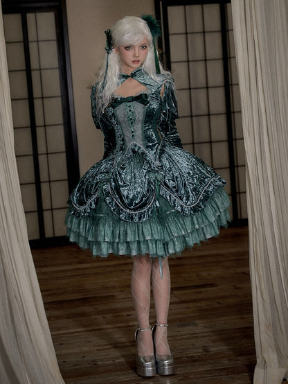 Green Detachable Long Bell Sleeves Snake Bones Embroidery Velvet Top