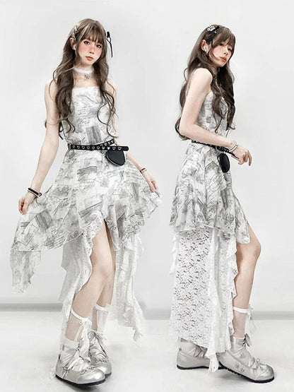 Letter Asymmetrical Hem White With Print Cami Dress