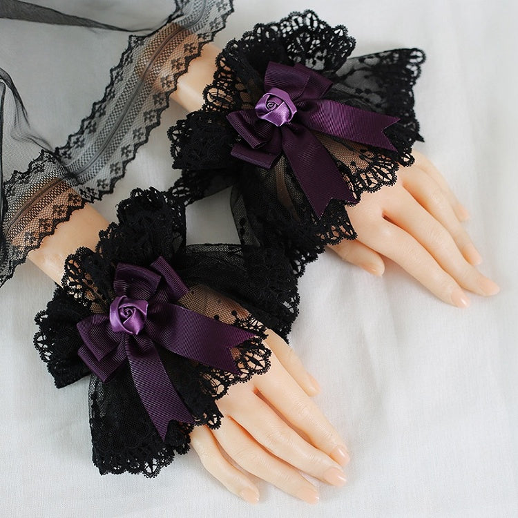Gothic Lace Purple Rose With Dark Bowknots Lolita Wrist Black Cuffs