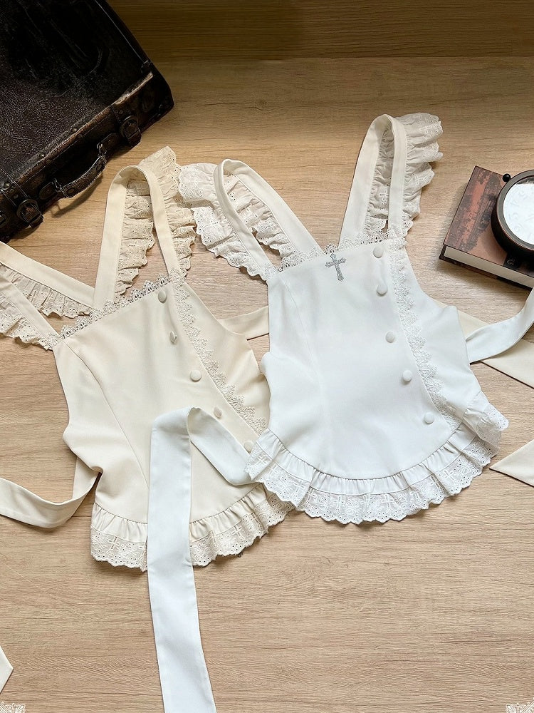 Lolita Apron in Beige and White with Delicate Lace Trim Detailing - With PUJI