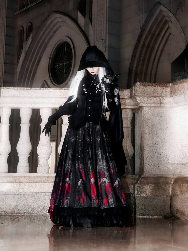 Black Pleat Red Angel Castle and Hem Box Gothic Print Skirt with Ruffled