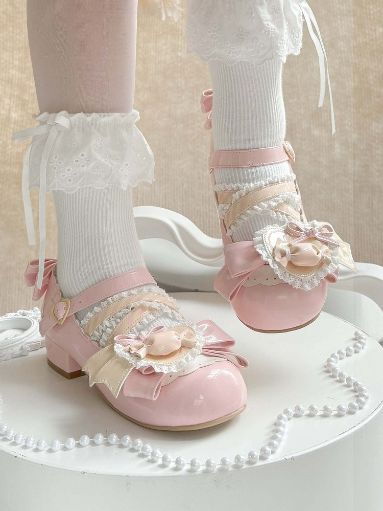 Bows Accents Pink Jane PU Light Mary Sweet Shoes with