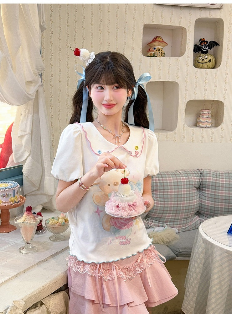 漫画のクマのプリント裾ホワイトピーターパンカラーパフスリーブコントラストレタスTシャツ