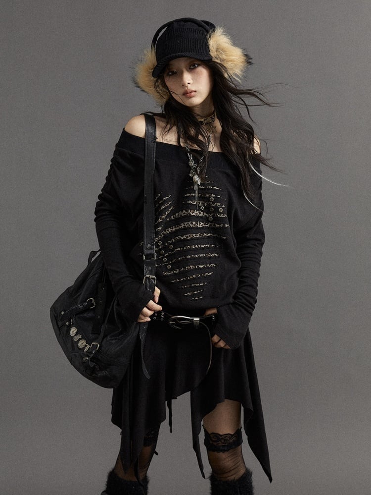 Wasteland Punk – Schwarzes, asymmetrisches Kleid mit Leopardenmuster und Herzmotiv und langen Ärmeln