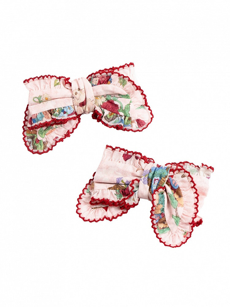 Beige Pink Blue Spring Picnic Print Lolita Bow Hairclips - DrunkCoco