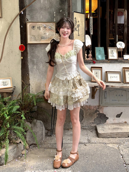 ライトヴィンテージプリントレーストリムティアードスカート グリーン 伸縮性ウエスト