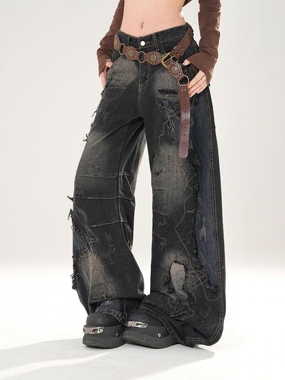 Jeans Design Distressed Black Patchwork Wide-Leg with