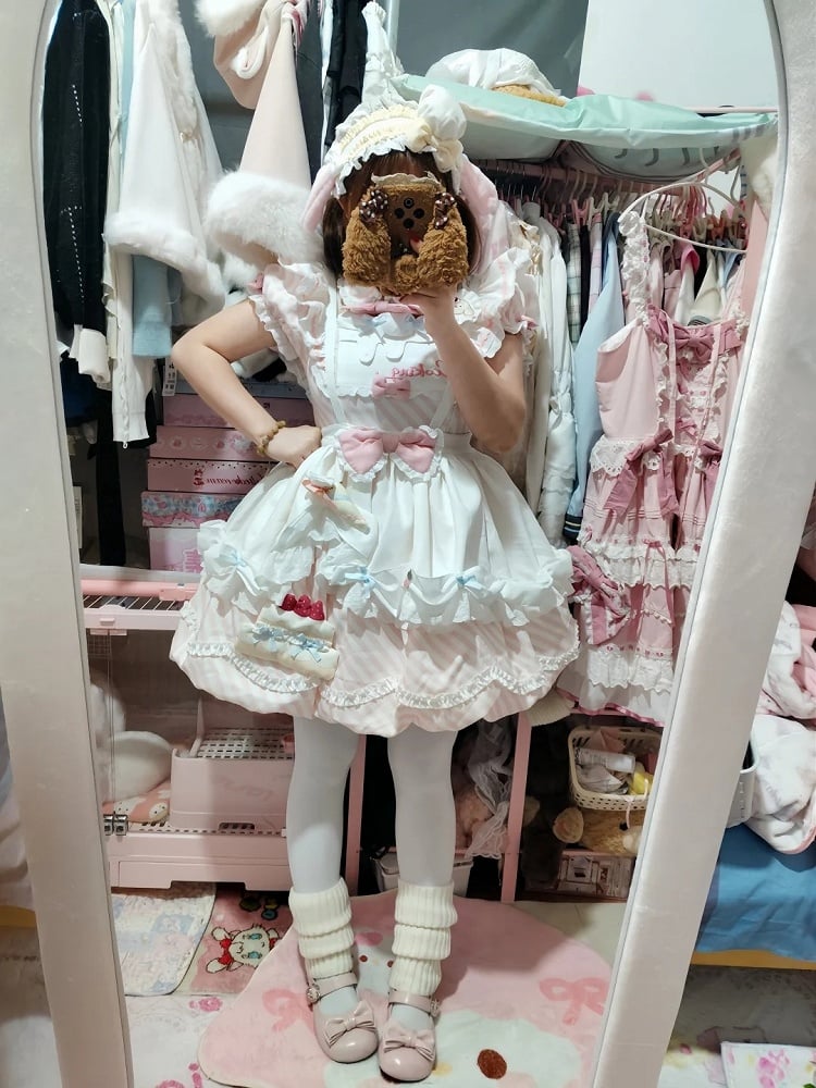 Dress Puppy OP Sleeves Brooch Apron Sweet Decor + Skirt Cake and Bubble Lolita Bow Stripe Pink with Train Detachable