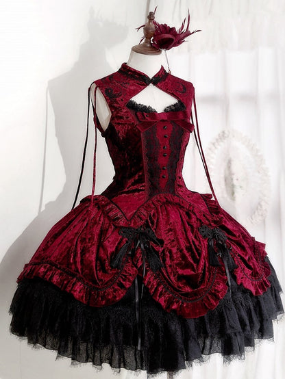 Rotes ärmelloses Cheongsam-Oberteil mit Schlangenknochen-Kragen aus Samt