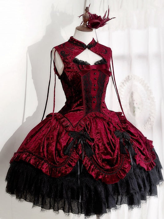 Rotes ärmelloses Cheongsam-Oberteil mit Schlangenknochen-Kragen aus Samt